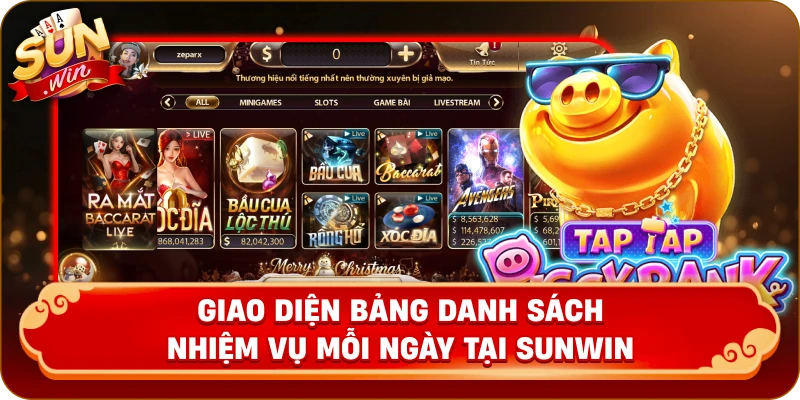 Giao diện bảng danh sách nhiệm vụ mỗi ngày tại Sunwin